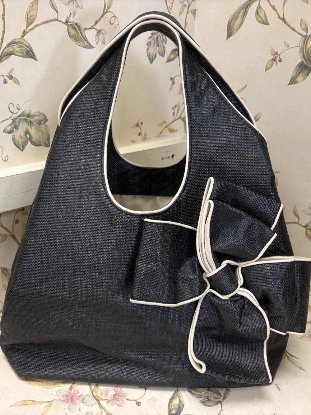 Kate Spade Hope Avenue Audrina Black & Cream Straw Tote Satchel Bag